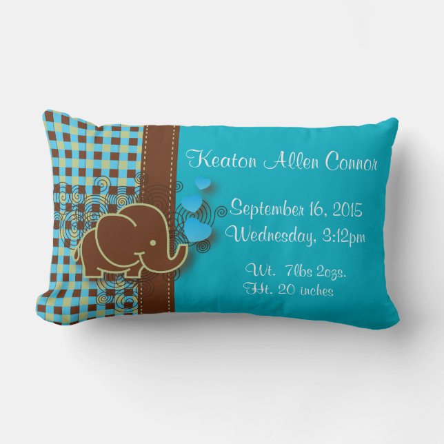 Blue, Green & Brown Plaid Baby Elephant Lumbar Pillow (Front)