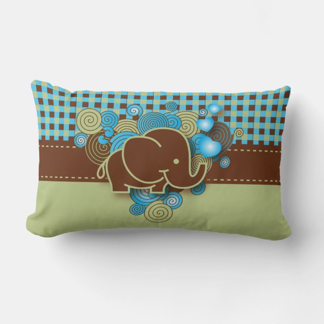 Blue, Green & Brown Plaid Baby Elephant Lumbar Pillow (Front)