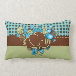 Blue, Green & Brown Plaid Baby Elephant Lumbar Pillow