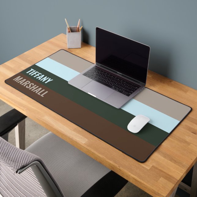 Blue Green Brown Stripes Pattern Name Desk Mat (Office 2)