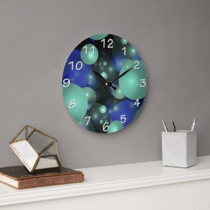 Blue & Green Bubbles Over Black Large Clock