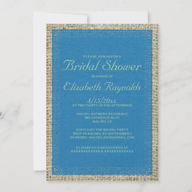 Blue & Green Burlap Bridal Shower Invitations (Front)