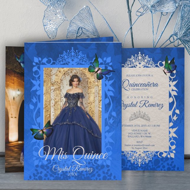 Blue, Green Butterflies Quinceanera Invitation (Folded elegant royal blue quinceanera invitation with ornate photo frame with butterflies, vines)