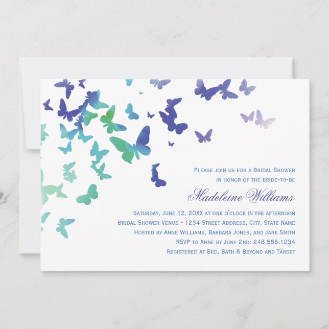 Blue Green Butterfly Cascade Wedding Shower Invitation (Front)