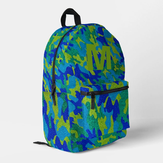Blue Green Camouflage Glitter Outdoorsy Monogram Printed Backpack (Back Corner Left)