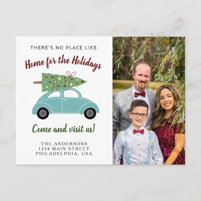 Blue Green Car Christmas Tree Photo Holiday Moving Announcement Postcard (Front)