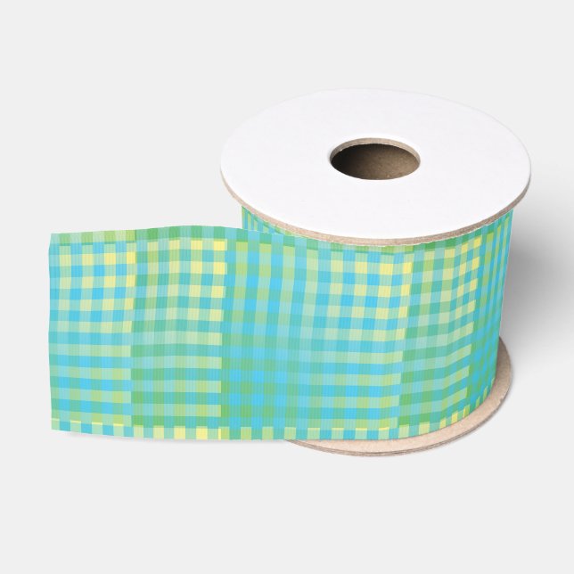 Blue Green Checker Abstract Pattern Grosgrain Ribbon (Spool)