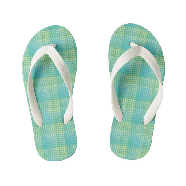 Blue Green Checker Abstract Pattern Kid's Flip Flops (Footbed)