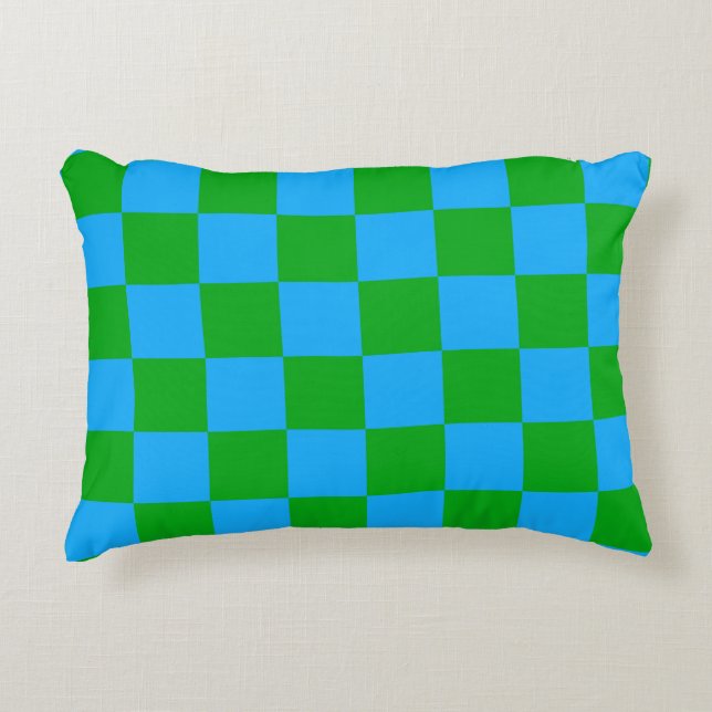 Blue Green Chequered Check Pattern Accent Pillow (Front)