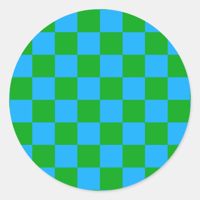 Blue Green Chequered Check Pattern Classic Round Sticker (Front)