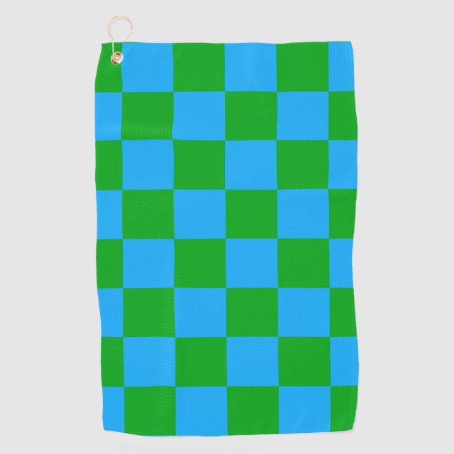 Blue Green Chequered Check Pattern Golf Towel (Front)