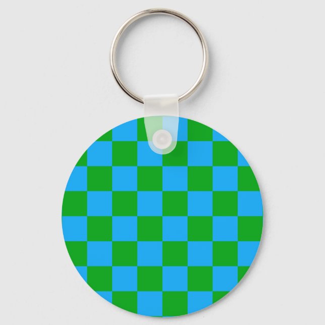 Blue Green Chequered Check Pattern Keychain (Front)