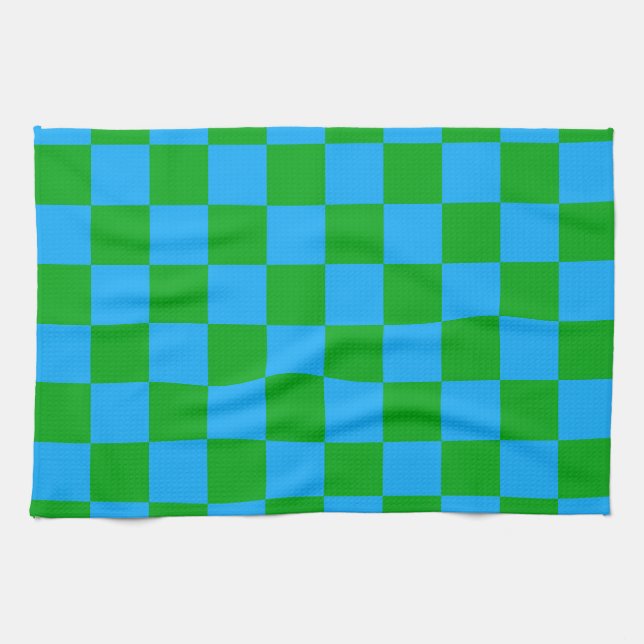 Blue Green Chequered Check Pattern Kitchen Towel (Horizontal)