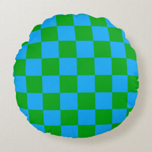 Blue Green Chequered Check Pattern Round Pillow