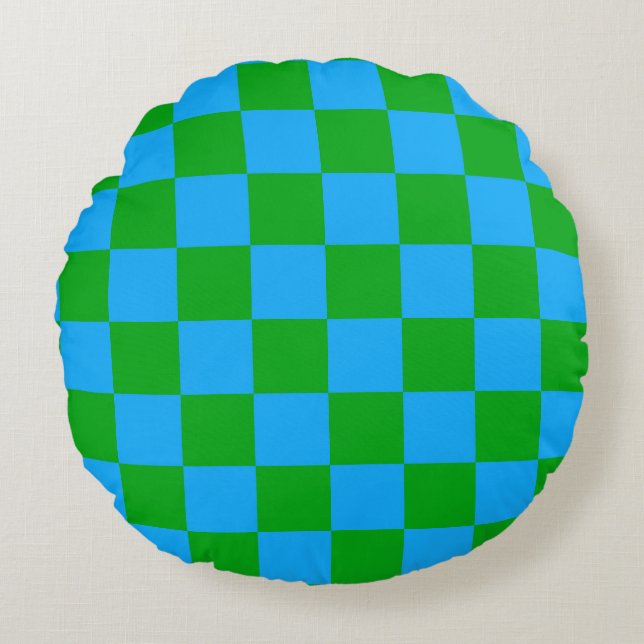 Blue Green Chequered Check Pattern Round Pillow (Front)