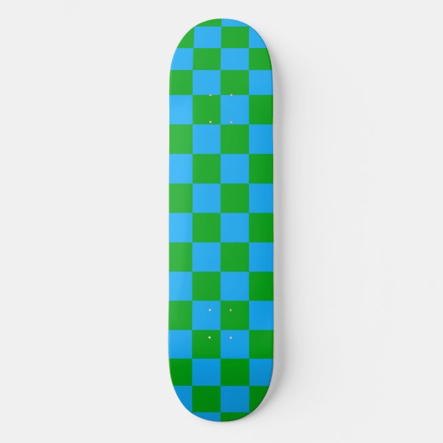 Blue Green Chequered Check Pattern Skateboard (Front)