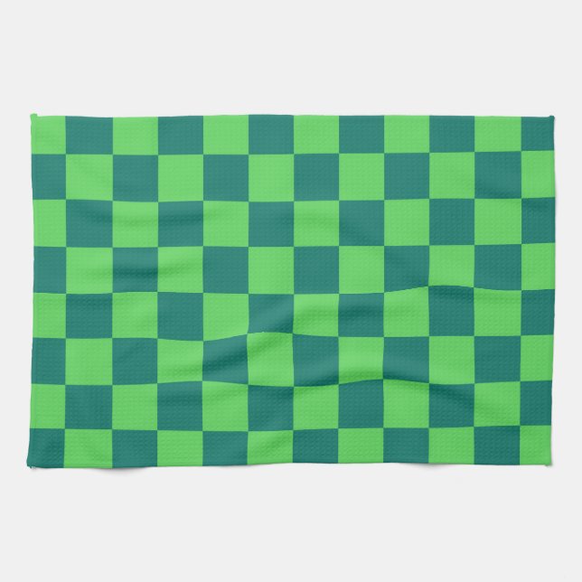 Blue Green Chequered Gingham Pattern Kitchen Towel (Horizontal)