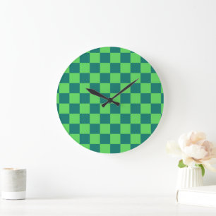 Blue Green Chequered Gingham Pattern Large Clock