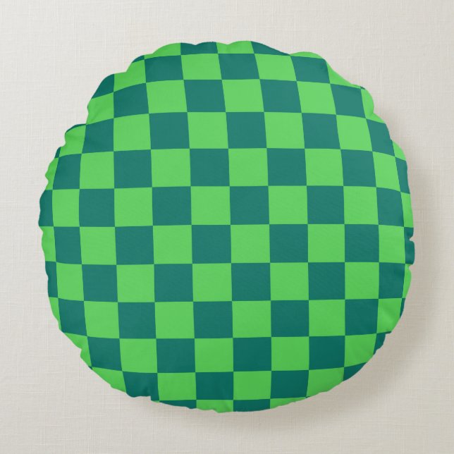 Blue Green Chequered Gingham Pattern Round Pillow (Front)