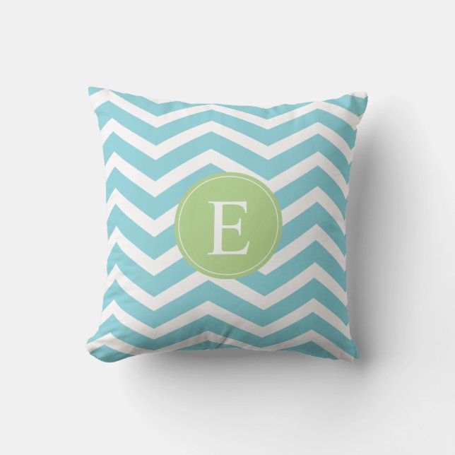 Blue Green Chevron Monogram Throw Pillow (Front)