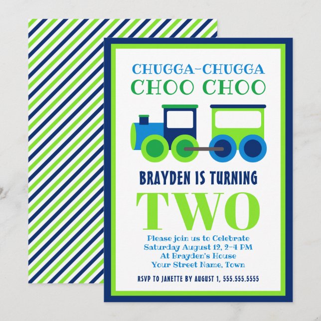 Blue Green Choo Choo Train 2nd Birthday Party Invitation (Front/Back)