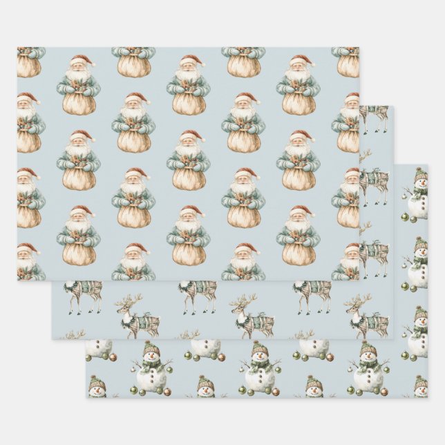 Blue Green Christmas Santa Deer Snowman Wrapping Paper Sheet (Set)