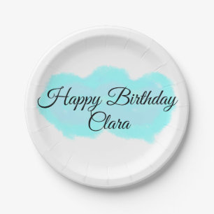 Blue green clouds pastel happy birthday modern kid paper plate