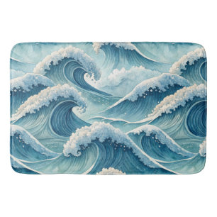 BLUE GREEN CRASHING OCEAN WAVES BATH MAT