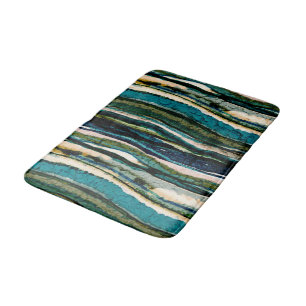 Blue Green Cream Abstract Agate Stripe Bath Mat