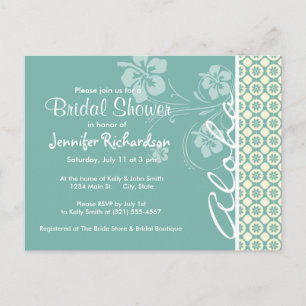 Blue-Green & Cream Floral; Aloha Invitation Postcard