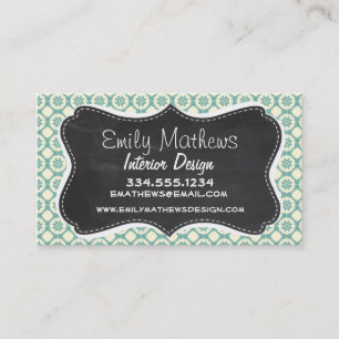 Blue-Green & Cream Floral; Vintage Chalkboard Business Card