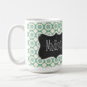 Blue-Green & Cream Floral; Vintage Chalkboard Coffee Mug