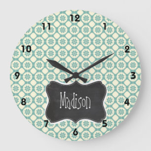 Blue-Green & Cream Floral; Vintage Chalkboard Large Clock