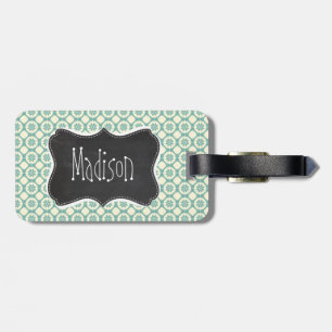 Blue-Green & Cream Floral; Vintage Chalkboard Luggage Tag