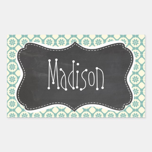 Blue-Green & Cream Floral; Vintage Chalkboard Sticker (Front)