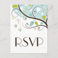 Blue & Green Cute Lovebirds Wedding RSVP Postcard