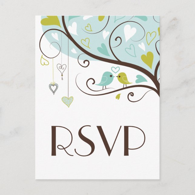 Blue & Green Cute Lovebirds Wedding RSVP Postcard (Front)
