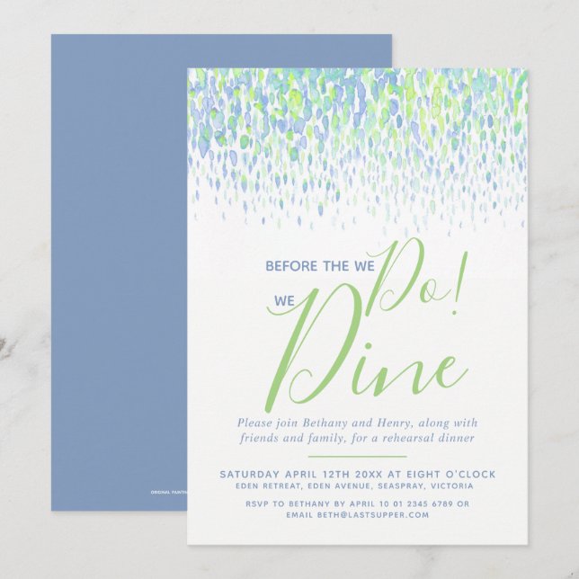 Blue green dab art rehearsal dinner before we do invitation (Front/Back)