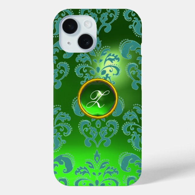 BLUE GREEN DAMASK EMERALD GEMSTONE MONOGRAM Case-Mate iPhone CASE (Back)