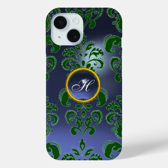 BLUE GREEN DAMASK GEMSTONE MONOGRAM Floral Case-Mate iPhone Case (Back)
