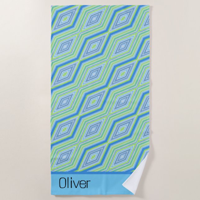 Blue Green Diagonal Diamond Retro Name Beach Towel (Front)