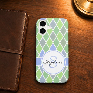 Blue & Green Diamond Pattern Personalized iPhone 16 Case