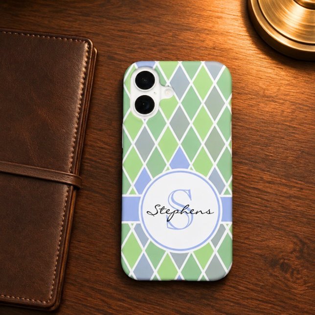 Blue & Green Diamond Pattern Personalized iPhone 16 Case (Creator Uploaded)