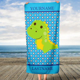 Blue Green Dinosaur Custom Name and Last Name Beach Towel