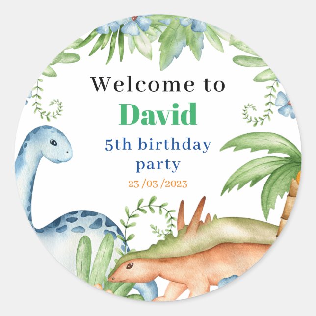 Blue & Green Dinosaur floral birthday party  Classic Round Sticker (Front)