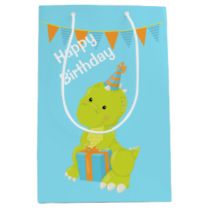 Blue Green Dinosaur Kids Birthday Medium Gift Bag
