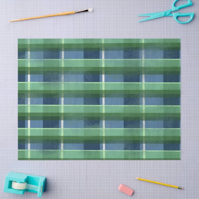 Blue Green Distressed Plaid Pattern Decoupage Tissue Paper (Craft)