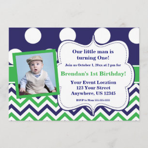 Blue Green Dots Chevron Photo Birthday Invitation