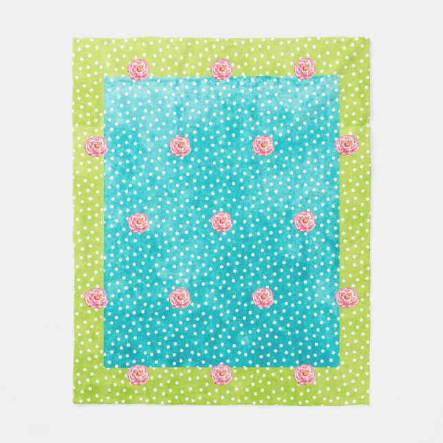 Blue Green Dots Pink Roses Fleece Blanket, Medium Blanket (Front)