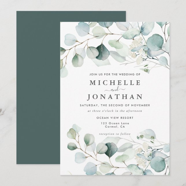 Blue Green Eucalyptus Bouquet Wedding Invitation (Front/Back)